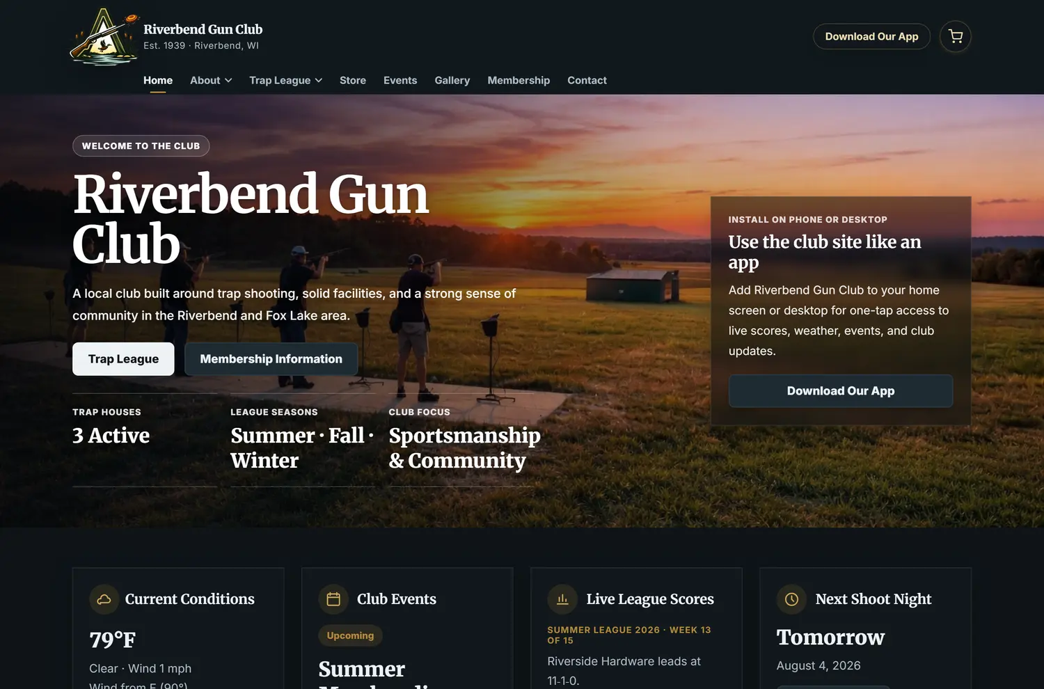 A club home page: a sunset photo of shooters on the trap line behind the club's name, with live weather, upcoming events, live league scores and the next shoot night in cards below.